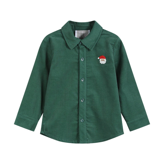 Green Corduroy Santa Embroidered Button-Up Shirt