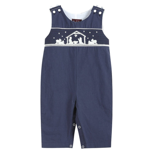 Navy Nativity Smocked Overalls