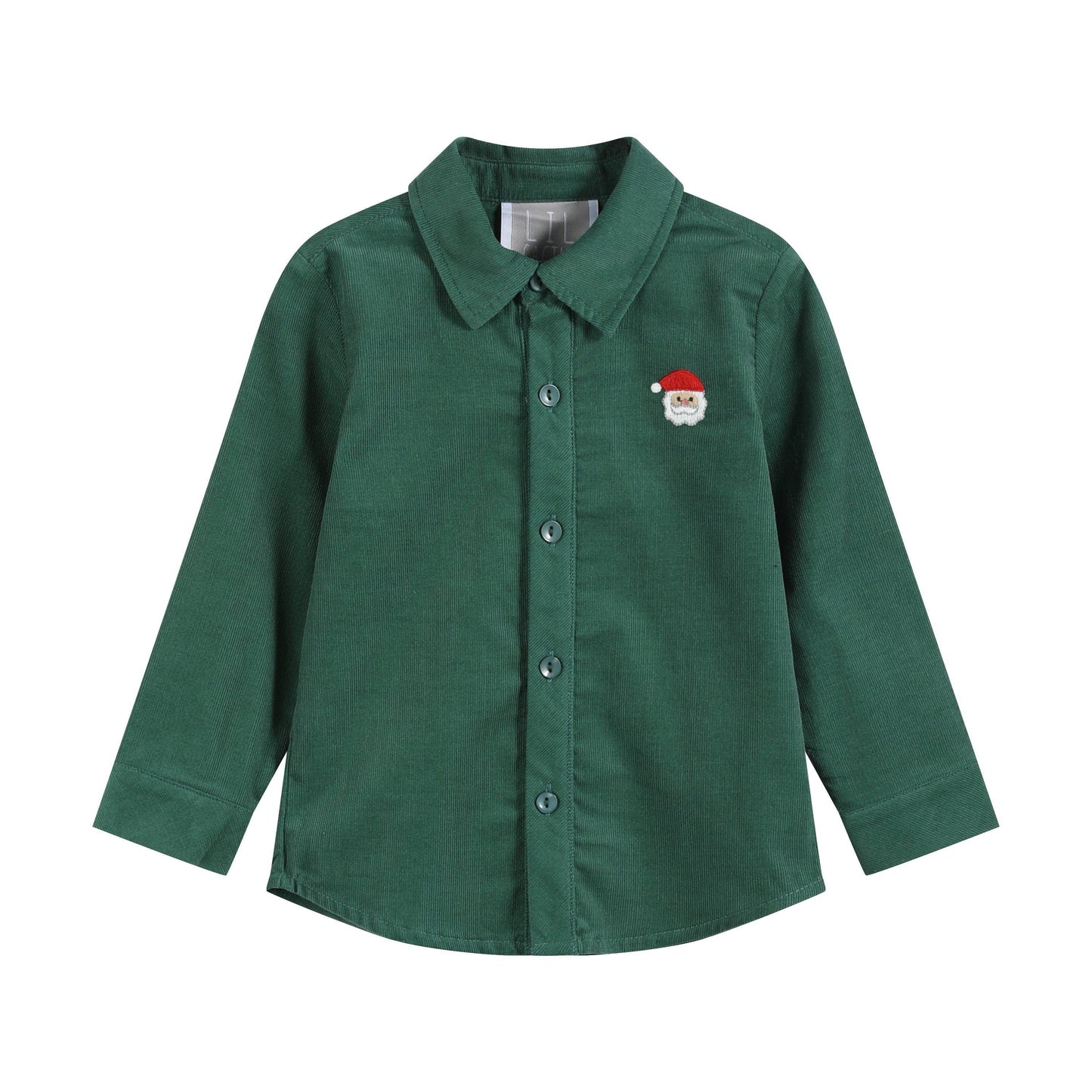 Green Corduroy Santa Embroidered Button-Up Shirt