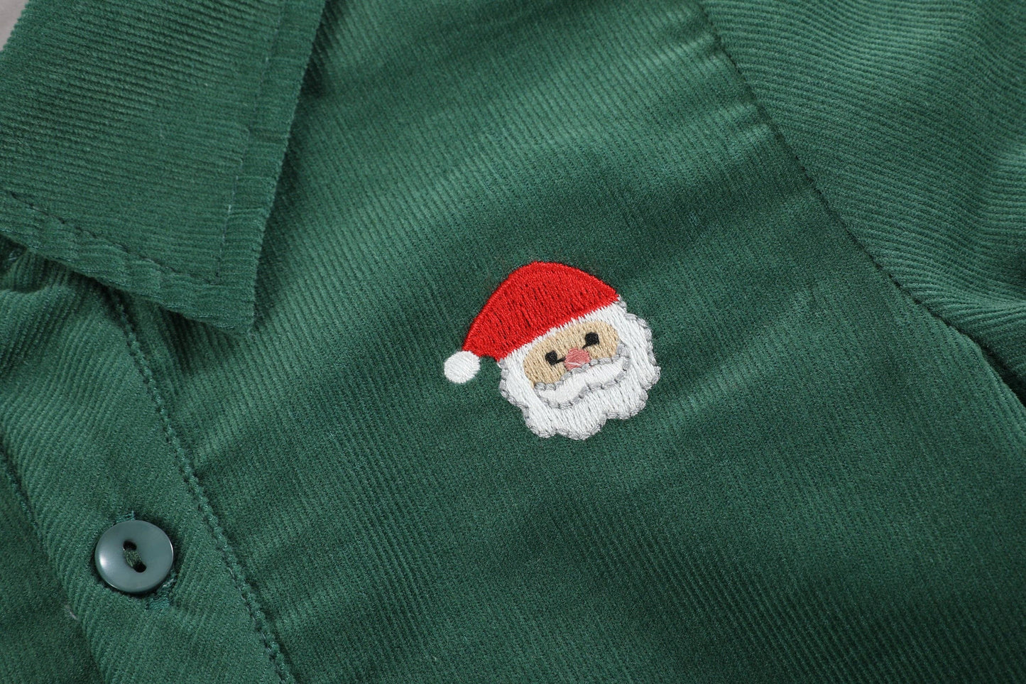 Green Corduroy Santa Embroidered Button-Up Shirt