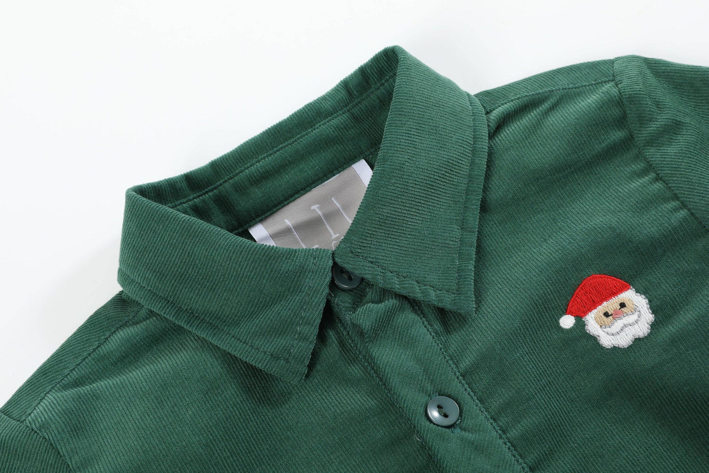 Green Corduroy Santa Embroidered Button-Up Shirt