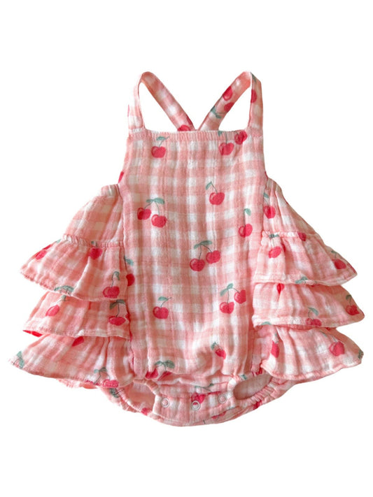 Gingham Cherries Muslin Ruffle Bubble